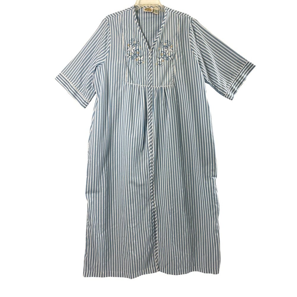 Women Housecoat Size XL Blue White Stripe Seersucker Zip Up Embroidered Lounge